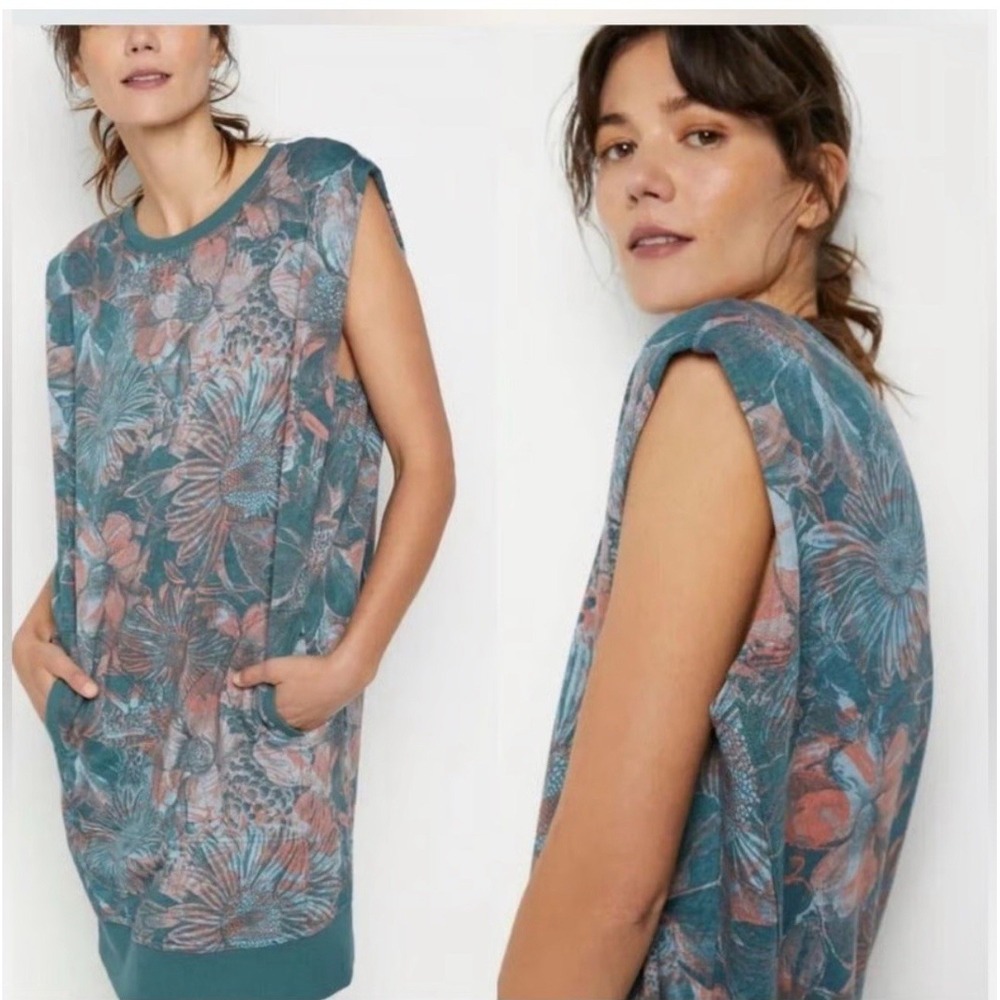 Daily‎ Practice Anthropologie Dory Green Pink Floral Tunic Dress Sz SMALL Casual